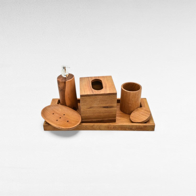 SET OF 5 TEAK WOOD BATHROOM AMENITIES WITH TRAY
