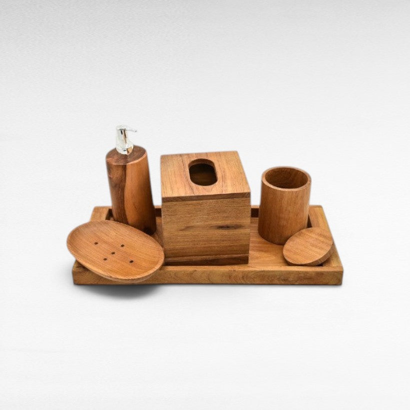 SET OF 5 TEAK WOOD BATHROOM AMENITIES WITH TRAY