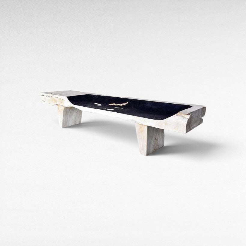 BLEACHED WITH BLACK SEAT TEAK WOOD BENCH - Chora Mykonos
