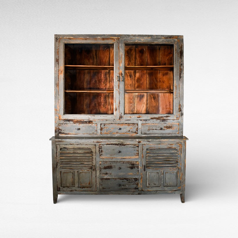 BUFFET - CABINET MANGO WOOD & GLASS VINTAGE GREY W165 |D40 |H210 cm
