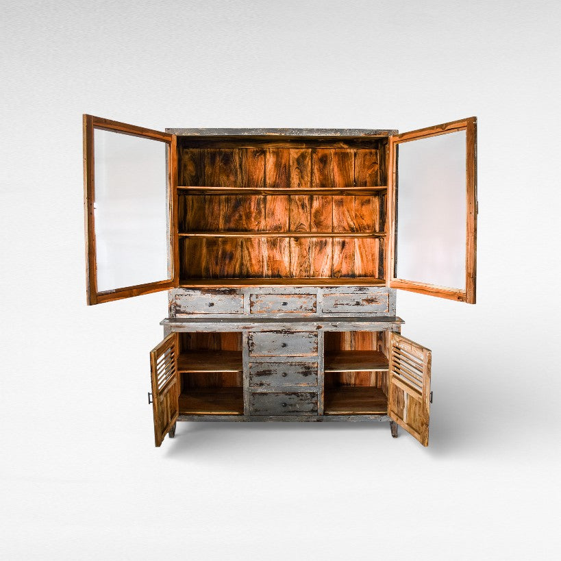 BUFFET - CABINET MANGO WOOD & GLASS VINTAGE GREY W165 |D40 |H210 cm