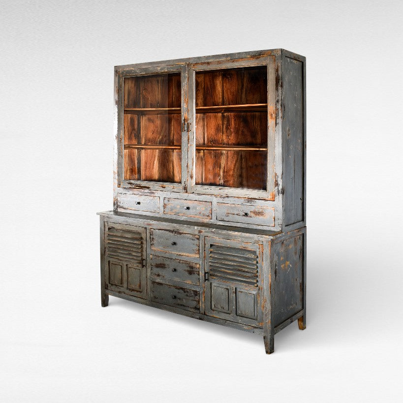 BUFFET - CABINET MANGO WOOD & GLASS VINTAGE GREY W165 |D40 |H210 cm