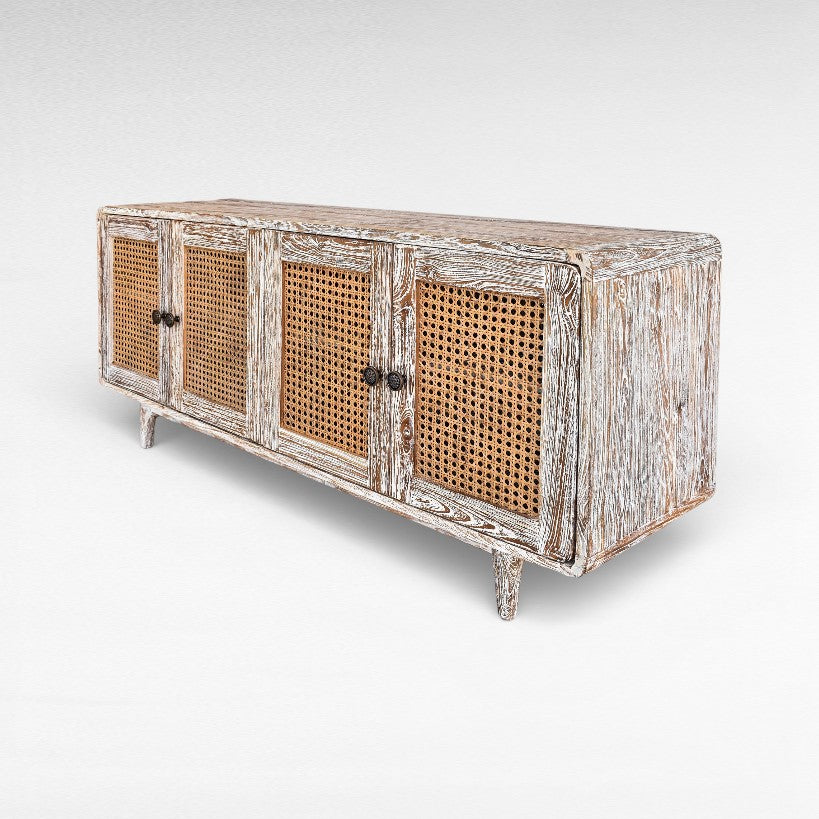 BUFFET CABINET TEAK WOOD & VIENNESE RATTAN WHITEWASHED W150 |D40 |H65 cm