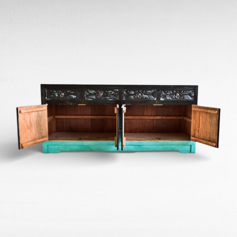 CARVED BUFFET CABINET TURQUOISE & BLACK W180 |D50 |H80 cm