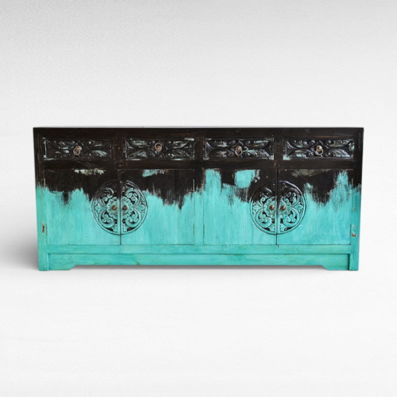 CARVED BUFFET CABINET TURQUOISE & BLACK W180 |D50 |H80 cm