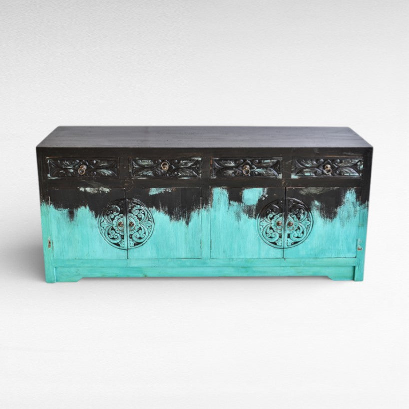 CARVED BUFFET CABINET TURQUOISE & BLACK W180 |D50 |H80 cm