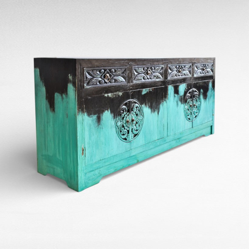 CARVED BUFFET CABINET TURQUOISE & BLACK W180 |D50 |H80 cm