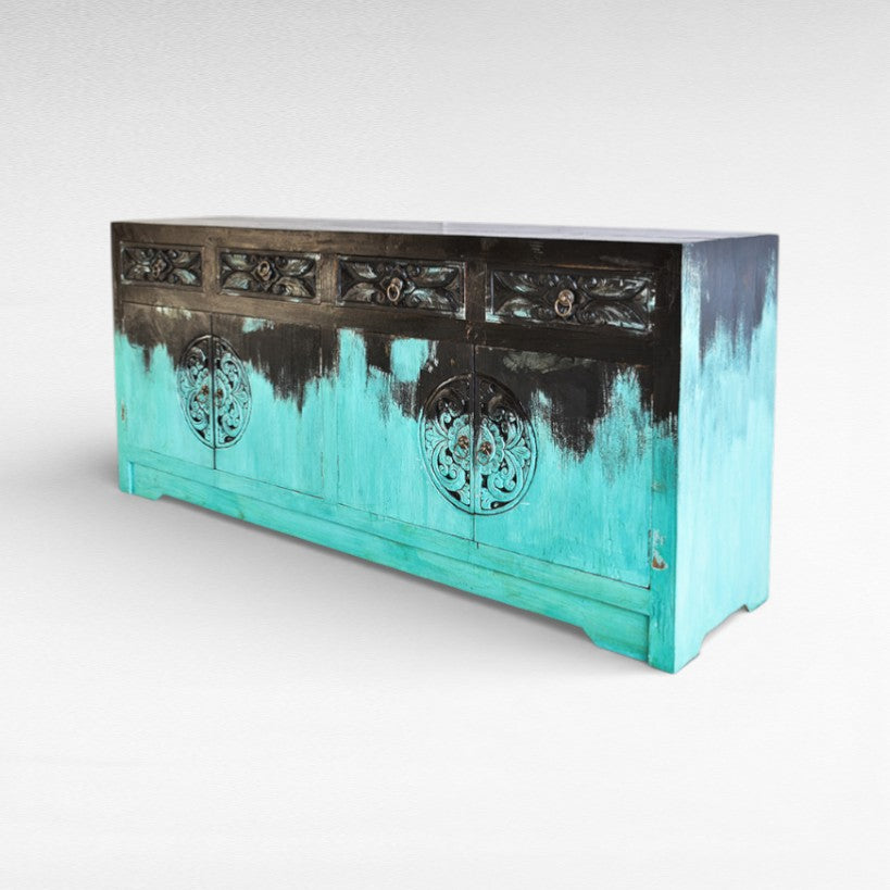 CARVED BUFFET CABINET TURQUOISE & BLACK W180 |D50 |H80 cm