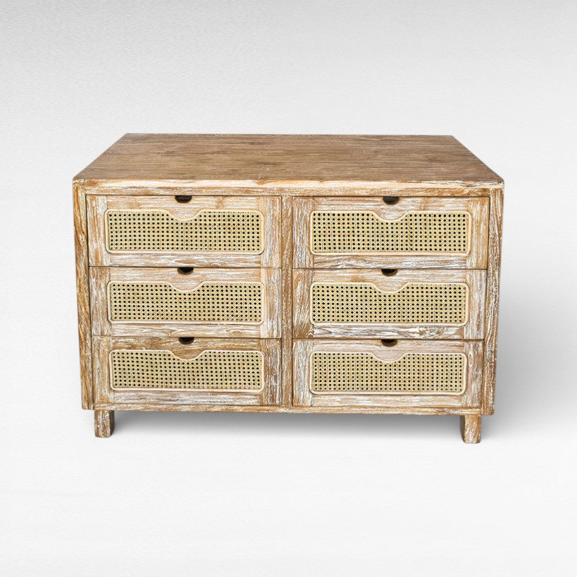 CABINET WHITE WASHED WITH DRAWERS & VIENNESE RATTAN W120 |D50 |H82 cm