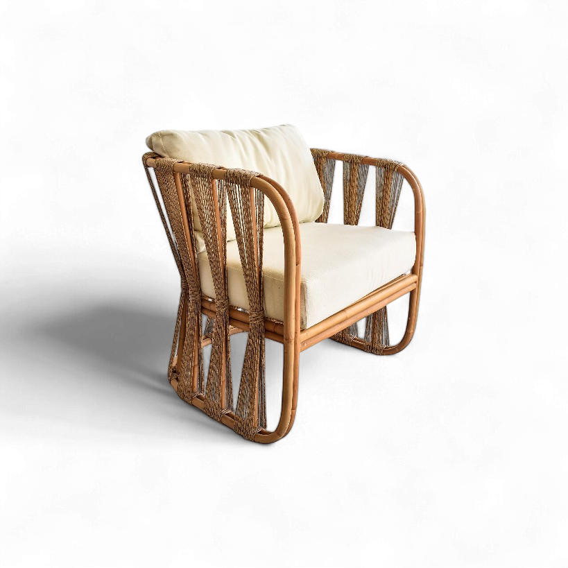 RATTAN RELAX ARMCHAIR WITH SYNTHETIC RAFFIA AND CUSHION W64 |D52 |H77 cm