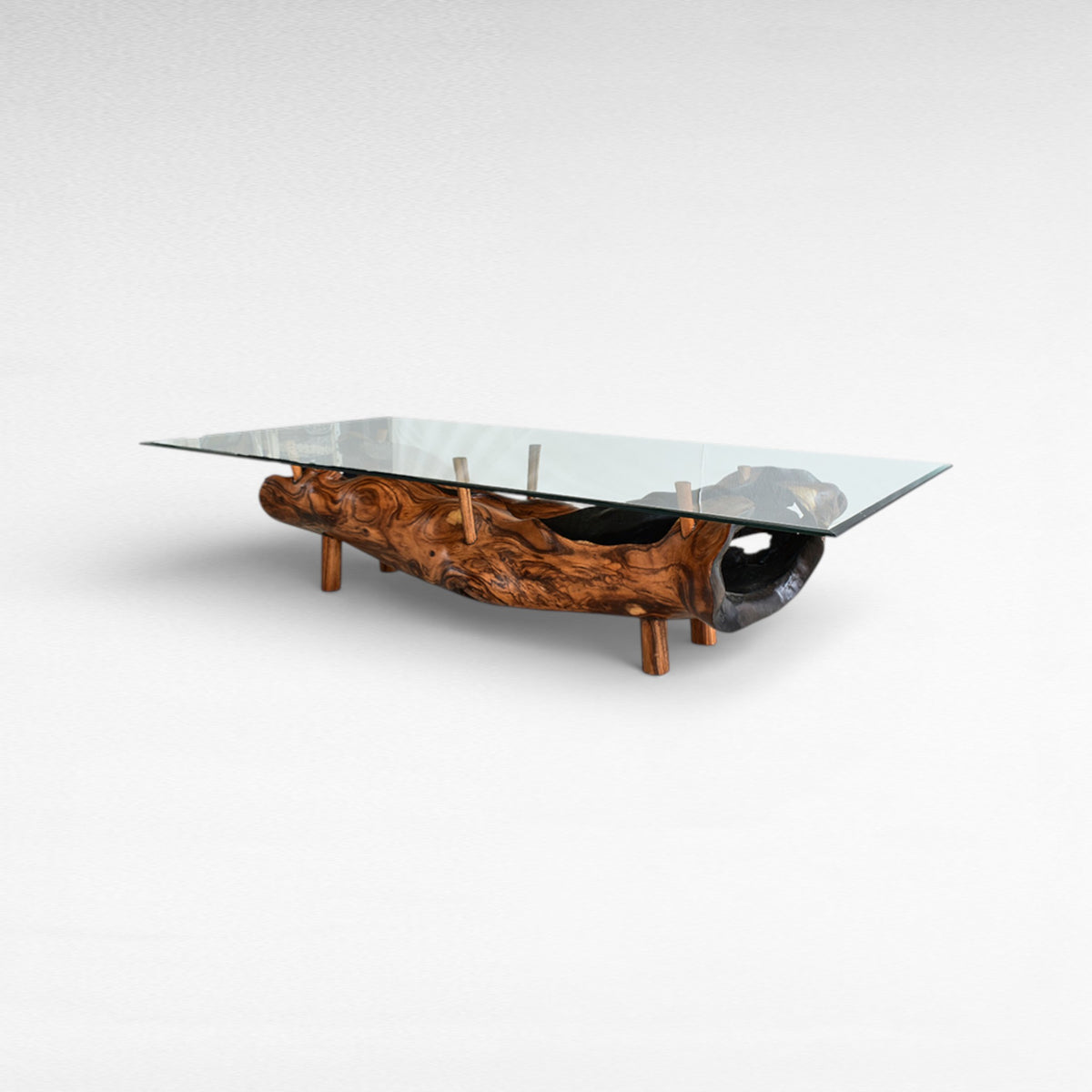 COFFEE TABLE TEAK WOOD BURNED WITH GLASS W195 |D75 |H60 cm