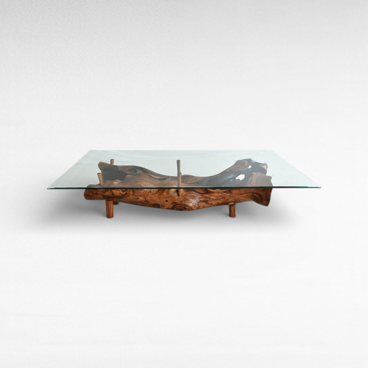 COFFEE TABLE TEAK WOOD BURNED WITH GLASS W195 |D75 |H60 cm