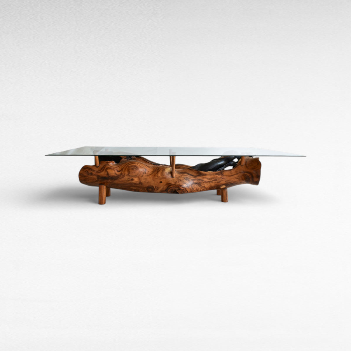 COFFEE TABLE TEAK WOOD BURNED WITH GLASS W195 |D75 |H60 cm