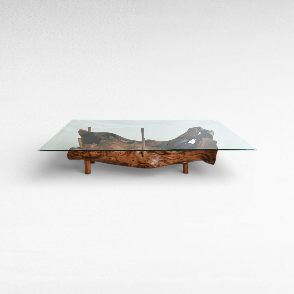 COFFEE TABLE TEAK WOOD BURNED WITH GLASS W195 |D75 |H60 cm