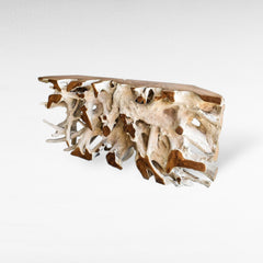 BLEACHED & NATURAL TEAK WOOD CONSOLE TABLE WITH GLASS 180x41x80cm - Chora Mykonos