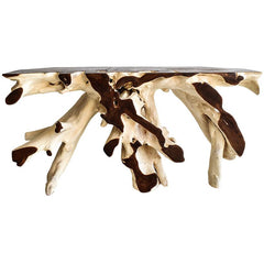 BLEACH & BROWN TEAK WOOD CONSOLE TABLE WITH GLASS 150x42x78cm - Chora Mykonos