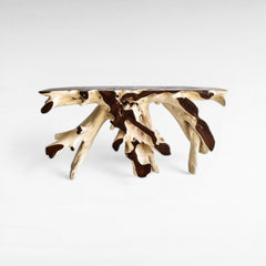 BLEACH & BROWN TEAK WOOD CONSOLE TABLE WITH GLASS 150x42x78cm - Chora Mykonos