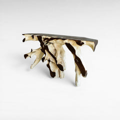 BLEACH & BROWN TEAK WOOD CONSOLE TABLE WITH GLASS 150x42x78cm - Chora Mykonos