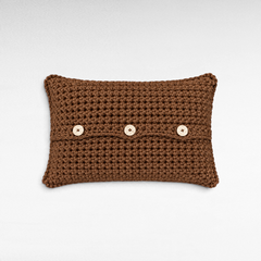 Chora Barefoot Luxury Living brown cotton rope decorative pillow with three wooden buttons and textured crochet knit