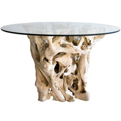 TEAK WOOD DINING TABLE WITH GLASS 120x120x80cm - Chora Mykonos