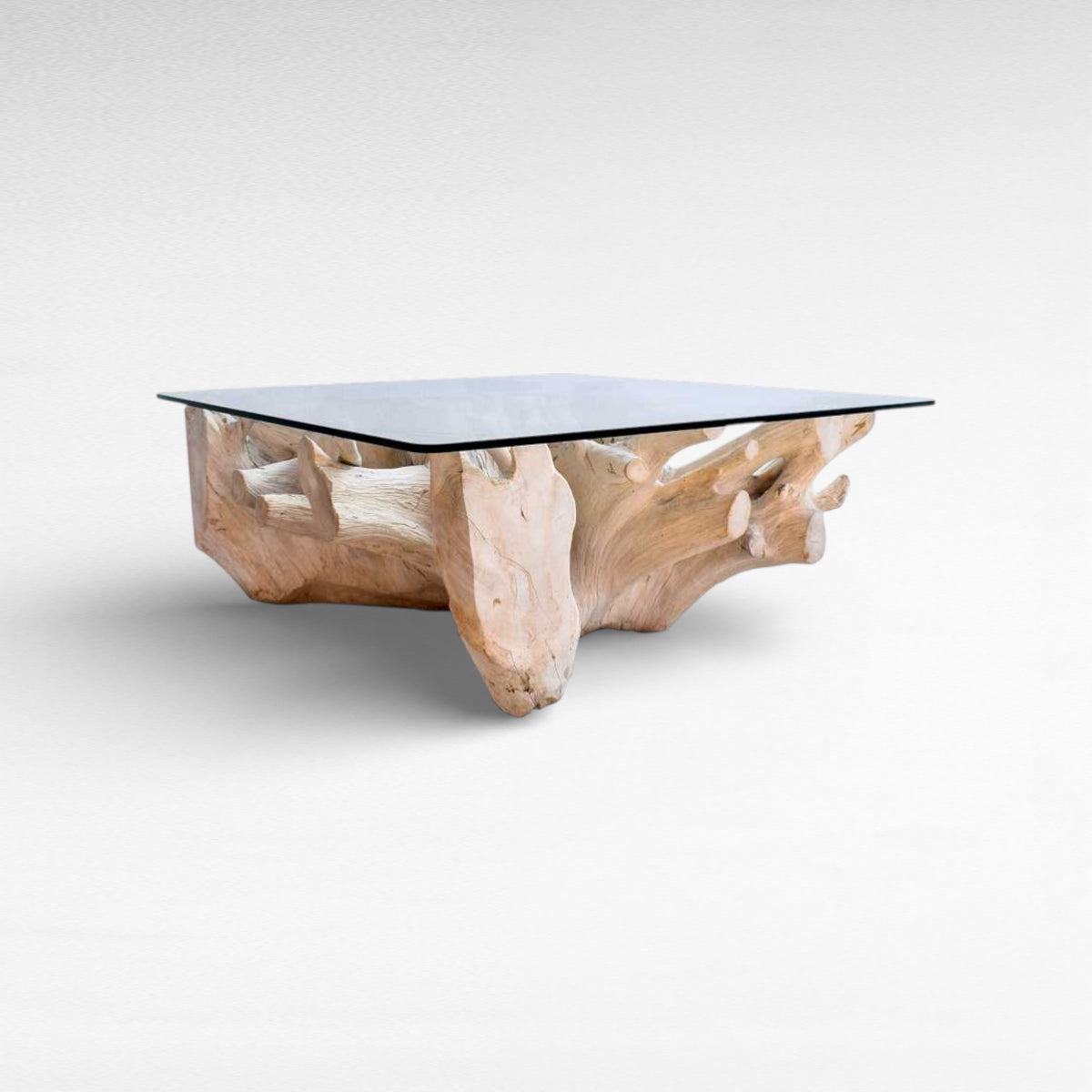 COFFEE TABLE TEAK WOOD & GLASS BLEACHED W110 |D110 |H45 CM