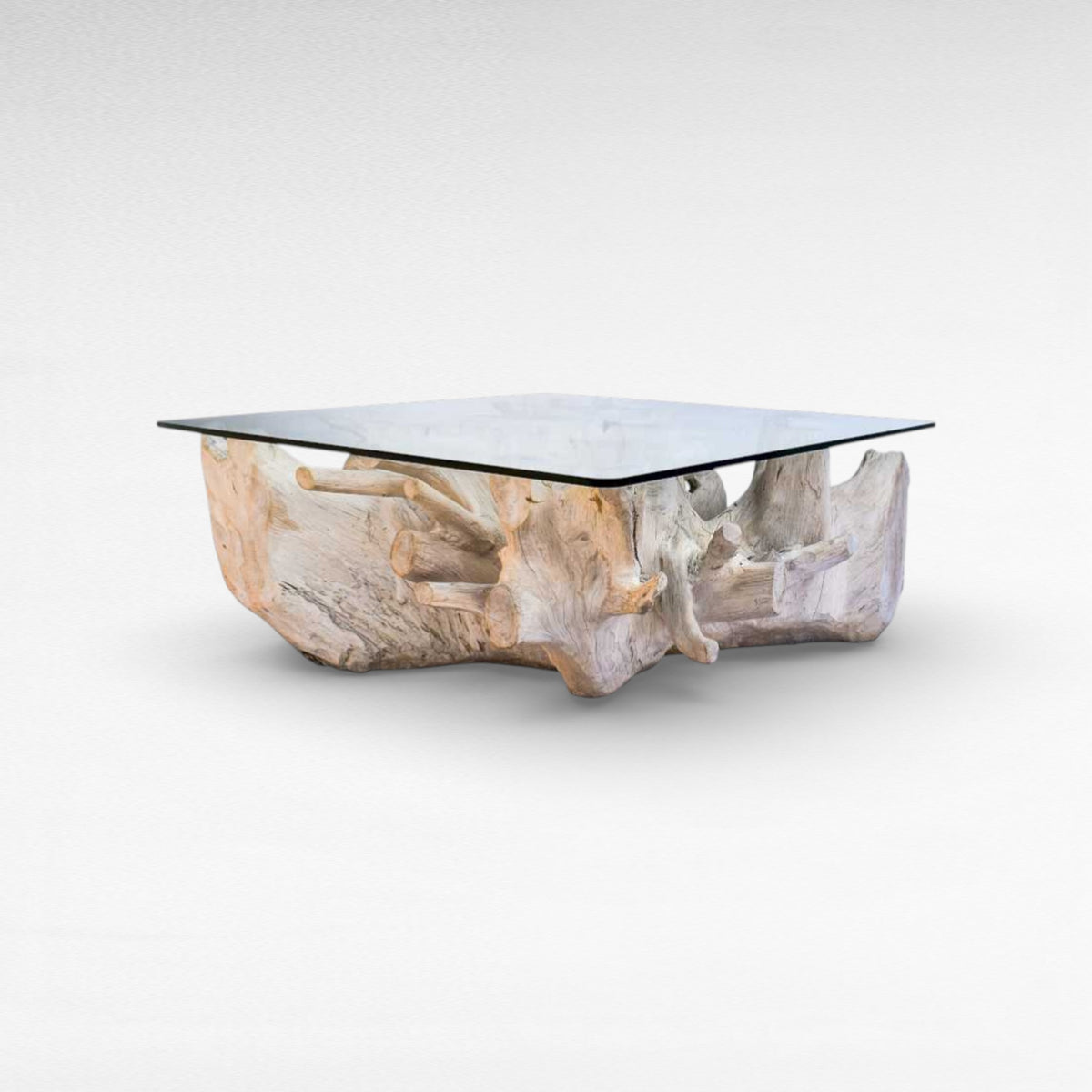 COFFEE TABLE TEAK WOOD & GLASS BLEACHED W110 |D110 |H45 CM