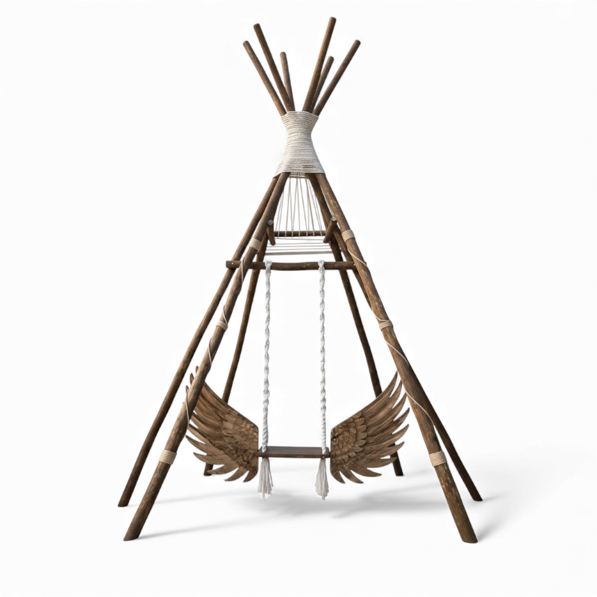 TEAK WOOD SWING WITH HAND CARVED WINGS AND BASE  L160 |D160 |H220 cm