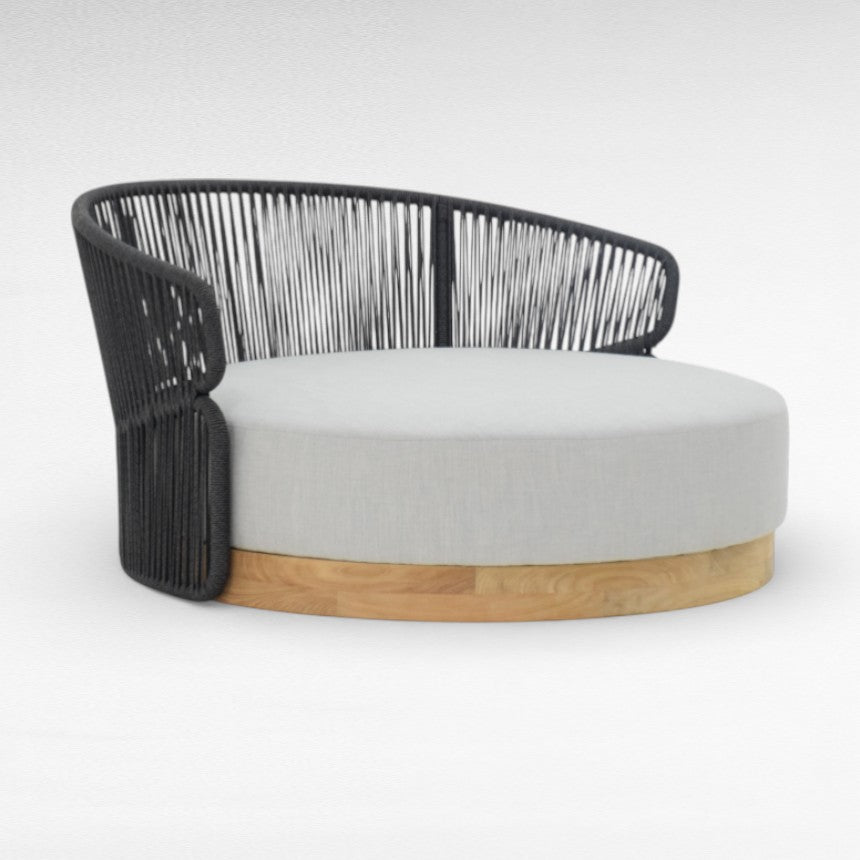 COTTON ROPE AND TEAK WOOD ROUND BLACK & GREY DAYBED W120 |D120 |H70 cm