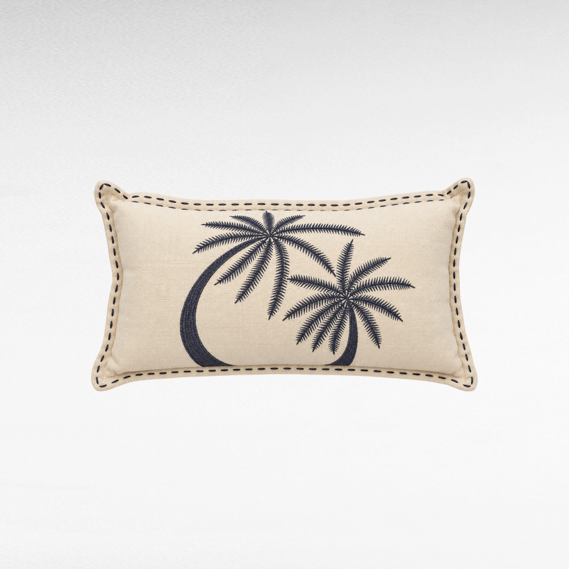 Chora Barefoot Luxury Living rectangular beige linen pillow with dark blue embroidered palm tree design