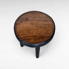 4 LEGS CARVED STOOL BLACK AND NATURAL TOP - Chora Mykonos