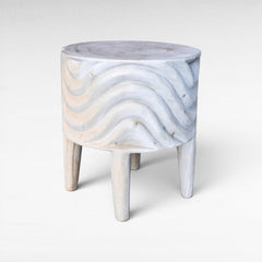 BLEACHED MANGO STOOL WITH CARVING - Chora Mykonos