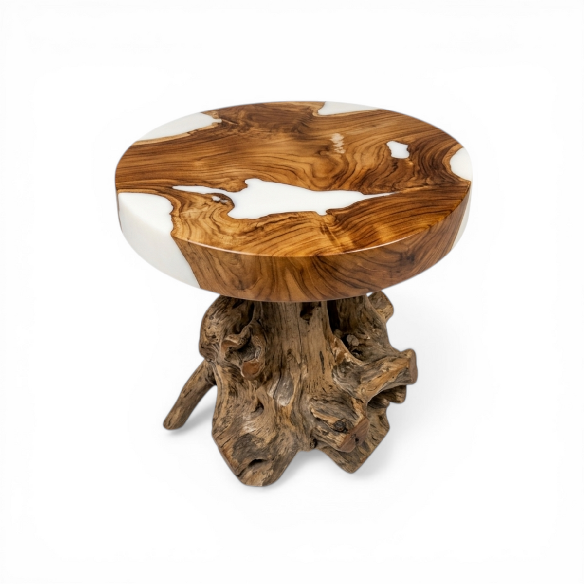 TEAK WOOD SIDE TABLE WITH WHITE RESIN W45 |D45 |H40 CM