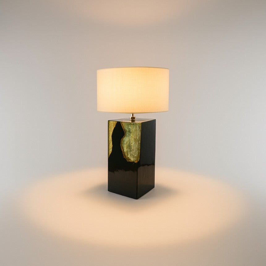 BLACK TEAK SQUARE  TRANSPARENT  RESIN TABLE LAMP