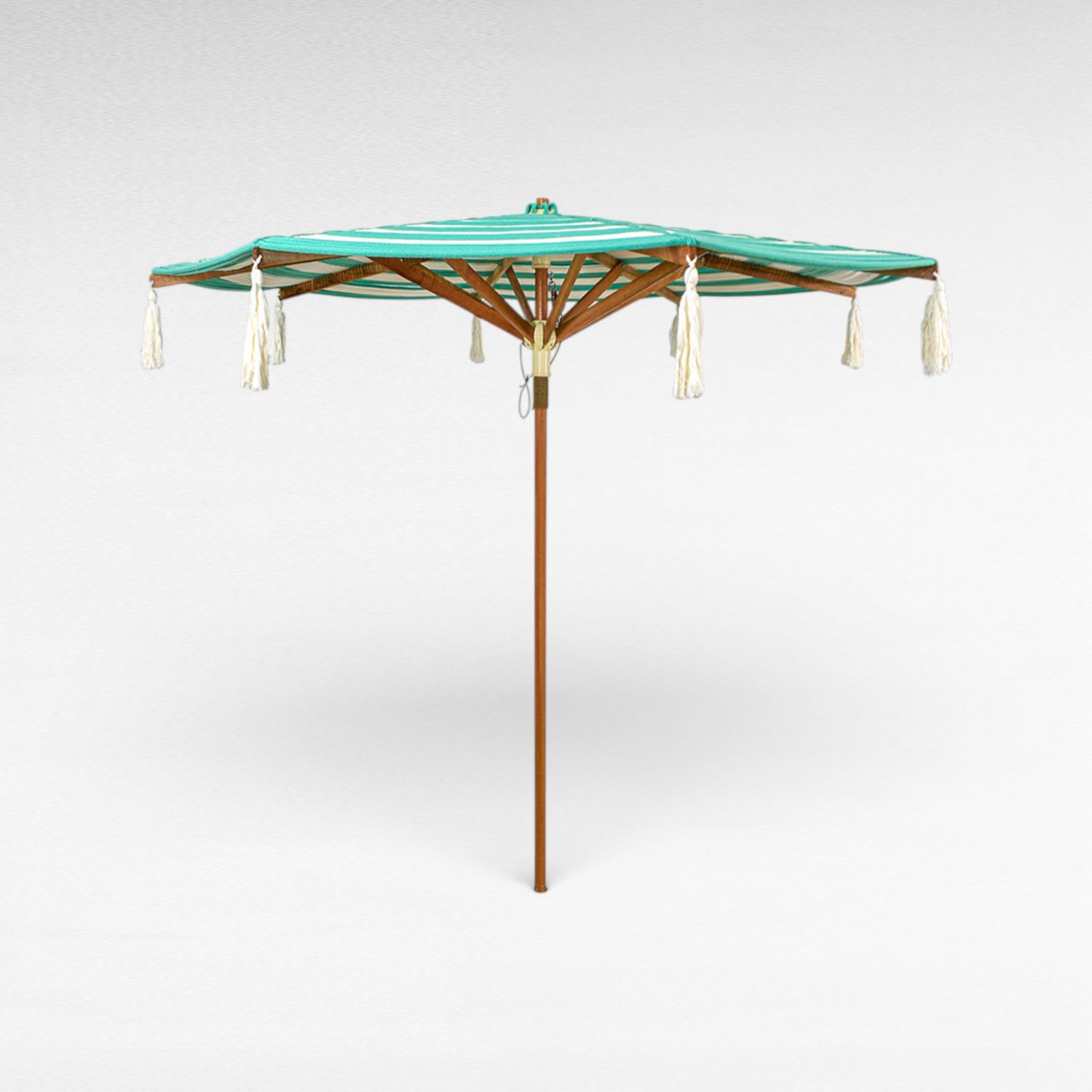 BYBLOS WITH A TWIST ROPE MACRAME UMBRELLA Off-White & Turquoise Striped Top with Fringe WITH OAK WOOD FRAME Φ260 |H240 CM