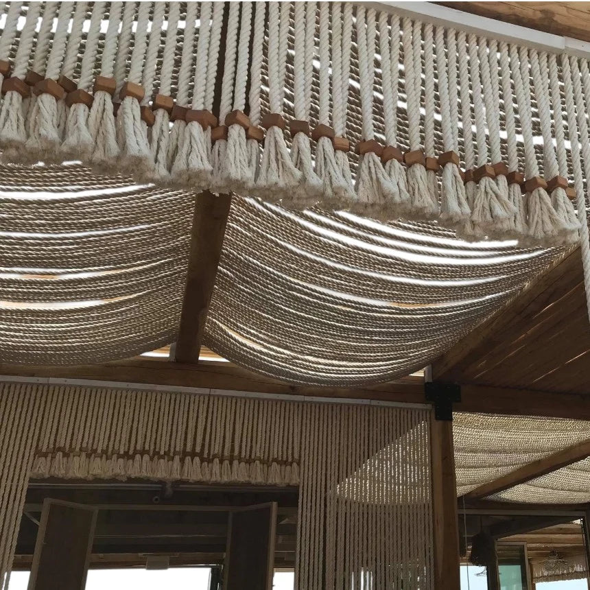 TASSELS OFF WHITE ROPE WITH WOODEN BEADS 50CM LONG
