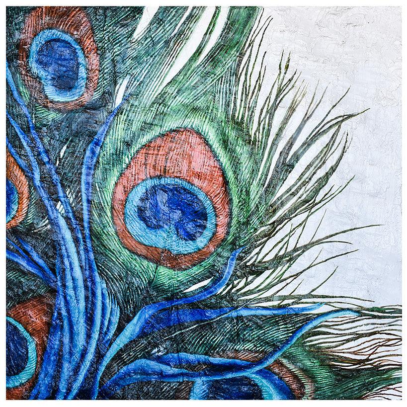 HANDMADE ACRILIC PAINTING WITH PEACOCK FEATHERS & EMPOSED TEXTURE 140x5x140cm - Chora Mykonos