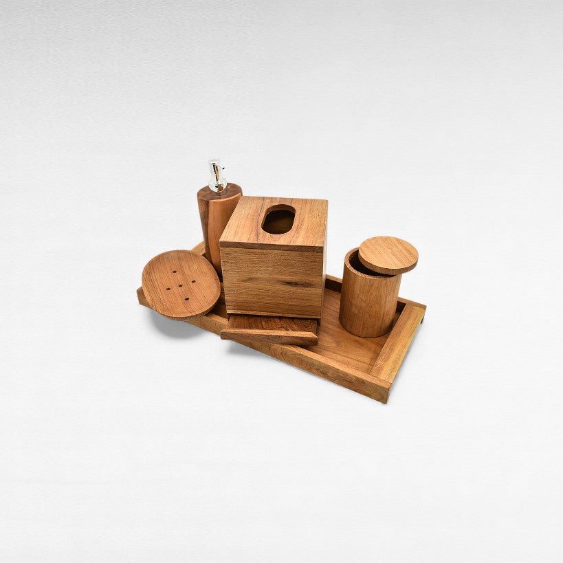 SET OF 5 TEAK WOOD BATHROOM AMENITIES WITH TRAY