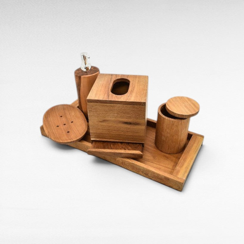 SET OF 5 TEAK WOOD BATHROOM AMENITIES WITH TRAY