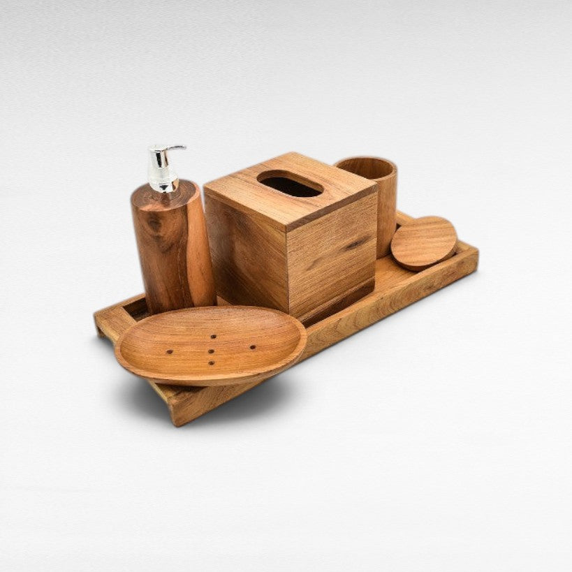SET OF 5 TEAK WOOD BATHROOM AMENITIES WITH TRAY