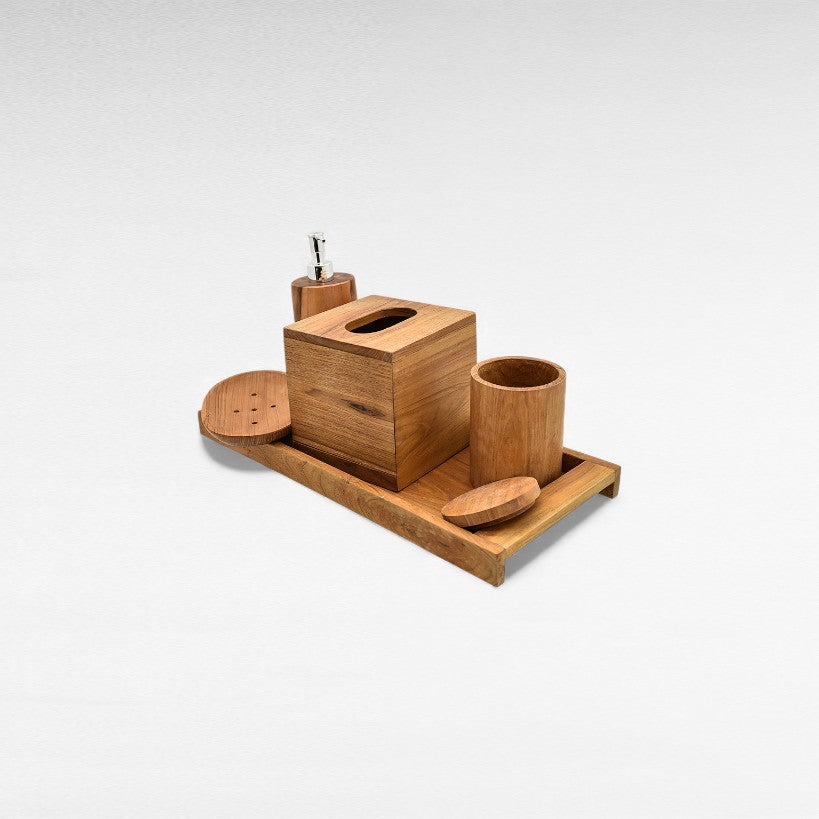 SET OF 5 TEAK WOOD BATHROOM AMENITIES WITH TRAY