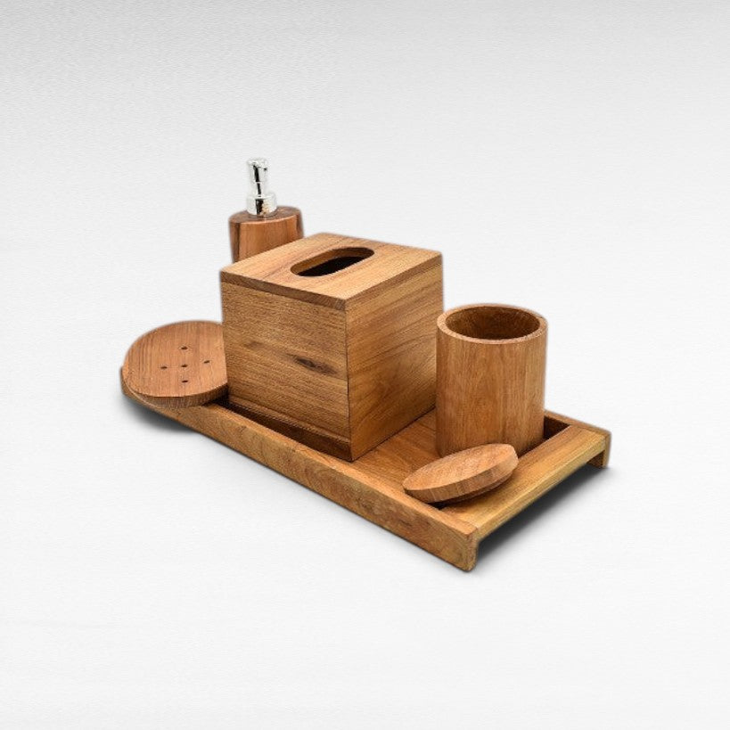 SET OF 5 TEAK WOOD BATHROOM AMENITIES WITH TRAY