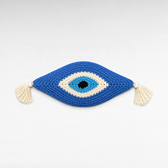 Chora Barefoot Luxury Living handmade knitted eye pillow in blue and white with decorative side fringes