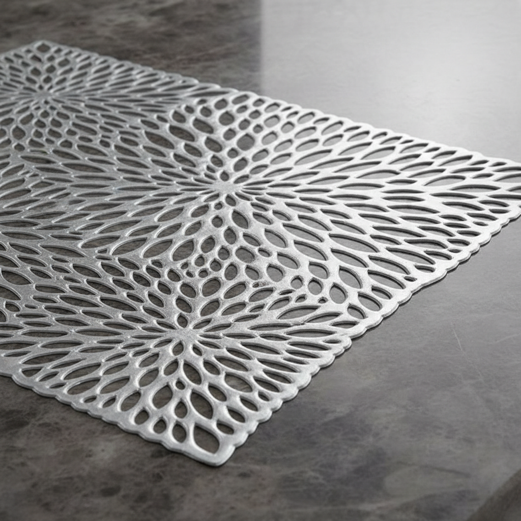 Chora Barefoot Luxury Living silver non-woven fabric placemat with intricate floral cut-out pattern on grey table