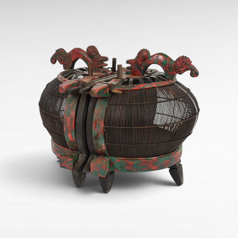 Chora Barefoot Luxury Living antique bird cage with red and green distressed wood and dark metal wire detailing.