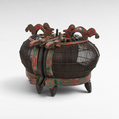 Chora Barefoot Luxury Living antique bird cage with red and green distressed wood and dark metal wire detailing.