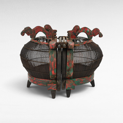 Chora Barefoot Luxury Living antique bird cage with distressed red and green painted wood and dark metal wire details.