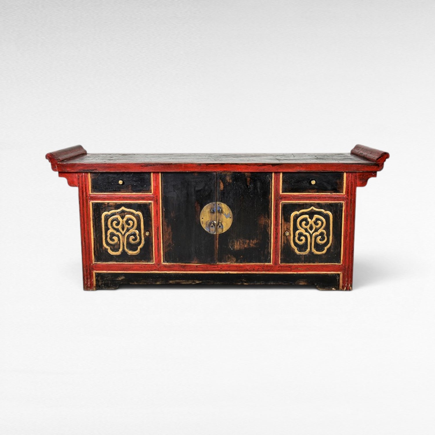 Chora Barefoot Luxury Living antique black and red lacquered buffet with ornate gold detailing and brass hardware.
