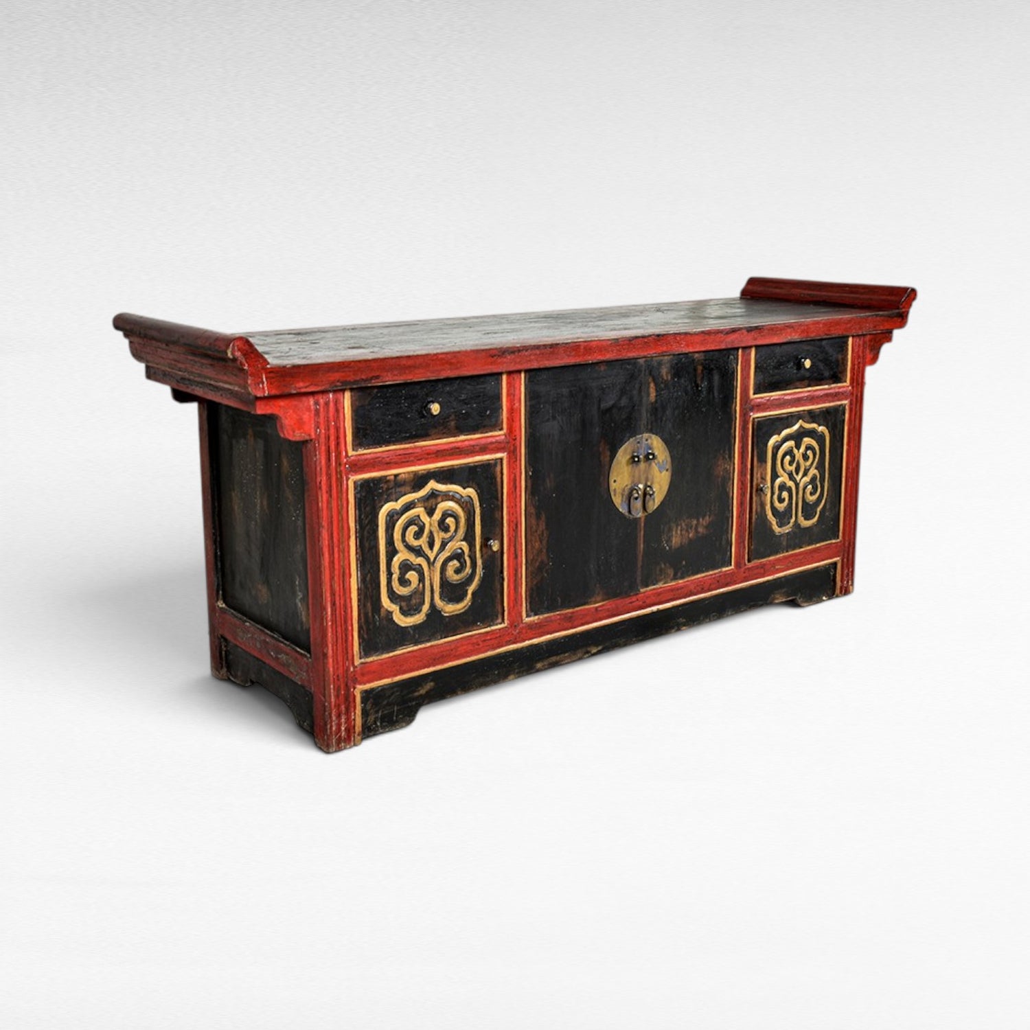 Chora Barefoot Luxury Living antique black and red buffet with ornate gold details and brass hardware