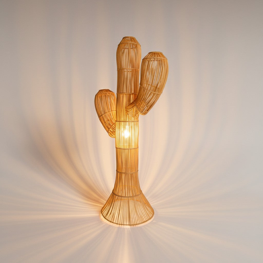 Chora Barefoot Luxury Living natural bamboo cactus floor lamp casting soft ambient light in a room