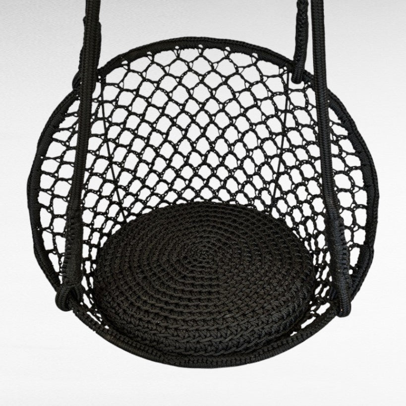 Chora Barefoot Luxury Living black macrame rope hammock swing with round seat cushion